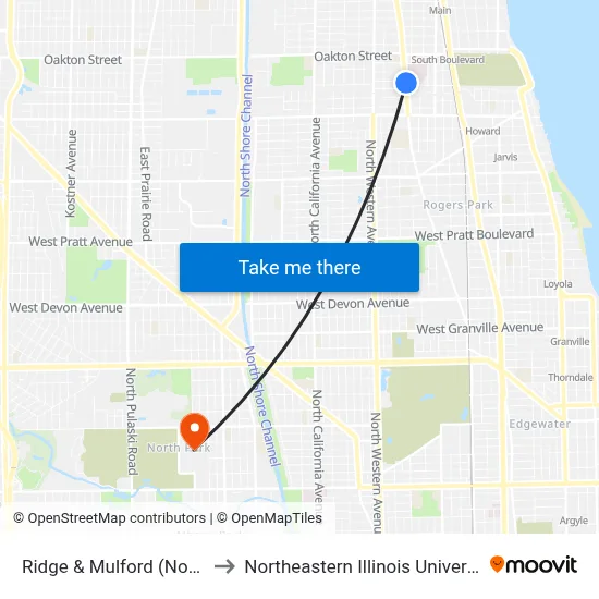 Ridge & Mulford (North) to Northeastern Illinois University map