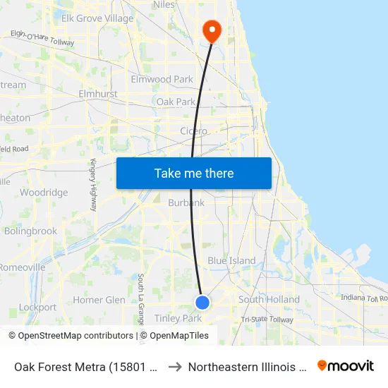 Oak Forest Metra (15801 Cicero Ave) to Northeastern Illinois University map