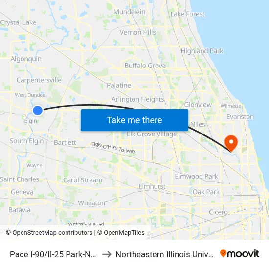 Pace I-90/Il-25 Park-N-Ride to Northeastern Illinois University map
