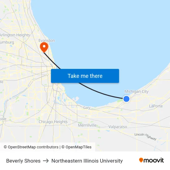 Beverly Shores to Northeastern Illinois University map