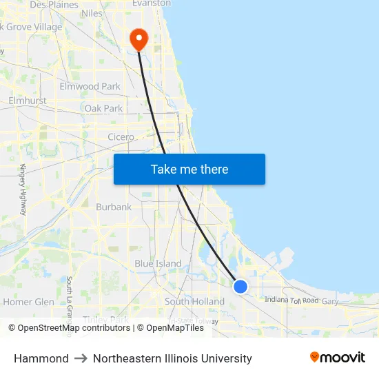 Hammond to Northeastern Illinois University map