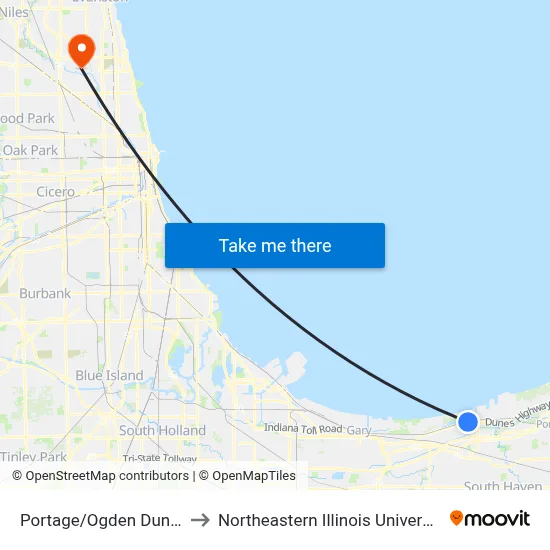 Portage/Ogden Dunes to Northeastern Illinois University map
