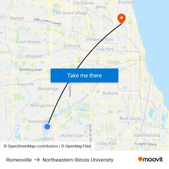 Romeoville to Northeastern Illinois University map