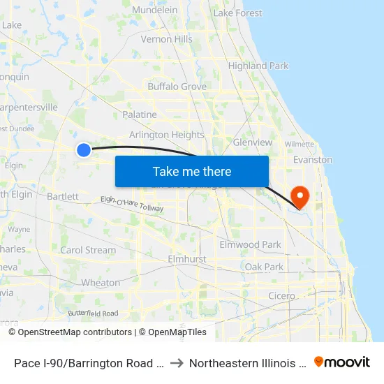 Pace I-90/Barrington Road Kiss-N-Ride to Northeastern Illinois University map