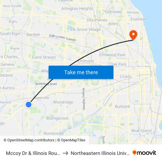 Mccoy Dr & Illinois Route 59 to Northeastern Illinois University map