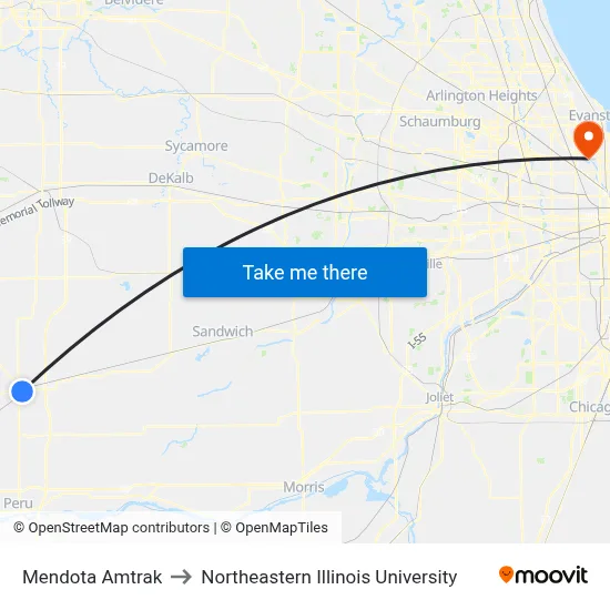 Mendota Amtrak to Northeastern Illinois University map