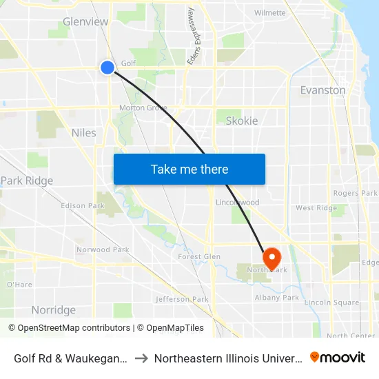 Golf Rd & Waukegan Rd to Northeastern Illinois University map
