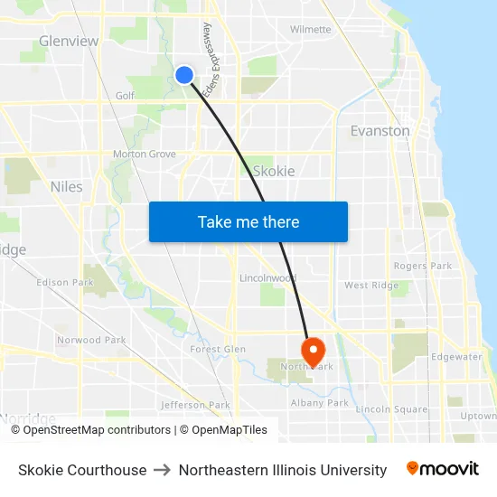 Skokie Courthouse to Northeastern Illinois University map