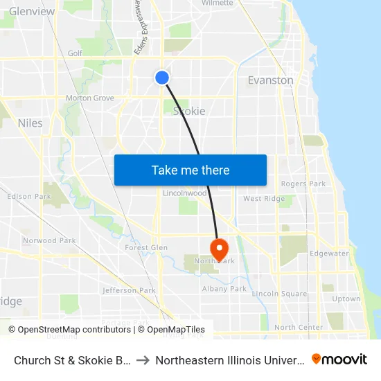 Church St & Skokie Blvd to Northeastern Illinois University map