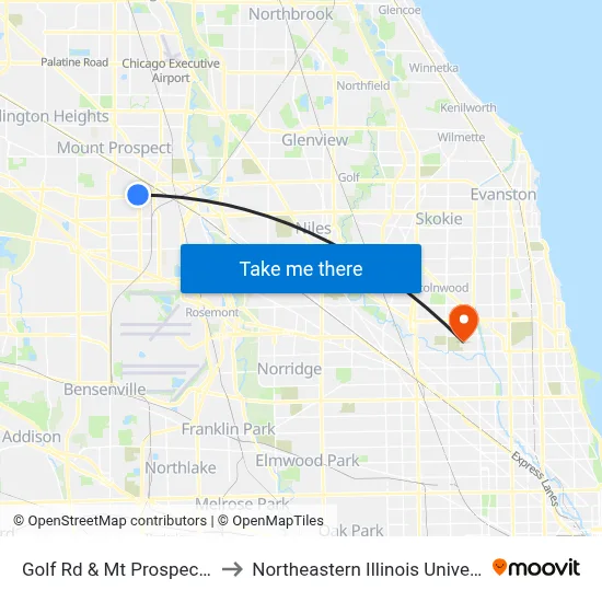 Golf Rd & Mt Prospect Rd to Northeastern Illinois University map