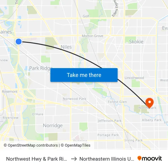 Northwest Hwy & Park Ridge Point to Northeastern Illinois University map