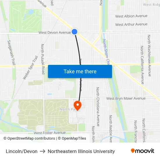 Lincoln/Devon to Northeastern Illinois University map