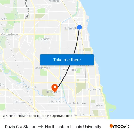 Davis Cta Station to Northeastern Illinois University map