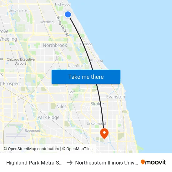 Highland Park Metra Station to Northeastern Illinois University map