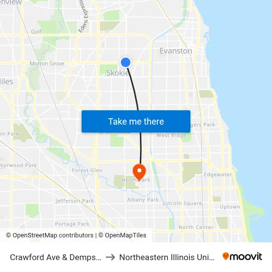 Crawford Ave & Dempster St to Northeastern Illinois University map