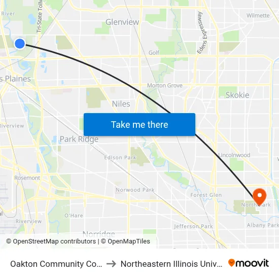 Oakton Community College to Northeastern Illinois University map