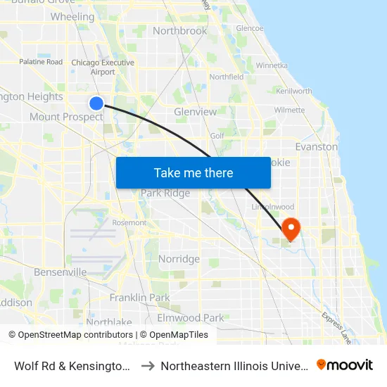 Wolf Rd & Kensington Rd to Northeastern Illinois University map