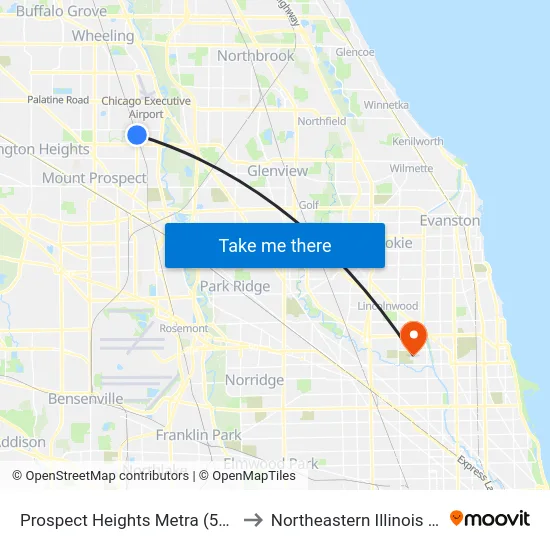 Prospect Heights Metra (55 S Wolf Rd) to Northeastern Illinois University map