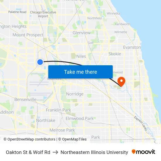 Oakton St & Wolf Rd to Northeastern Illinois University map