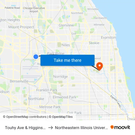 Touhy Ave & Higgins Rd to Northeastern Illinois University map