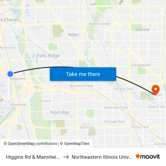 Higgins Rd & Mannheim Rd to Northeastern Illinois University map