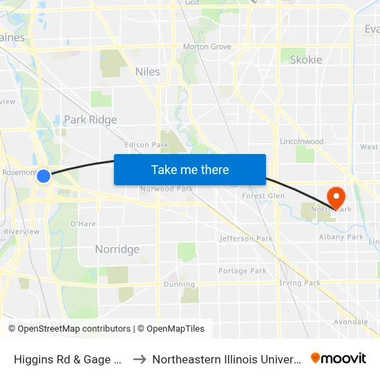 Higgins Rd & Gage Ave to Northeastern Illinois University map