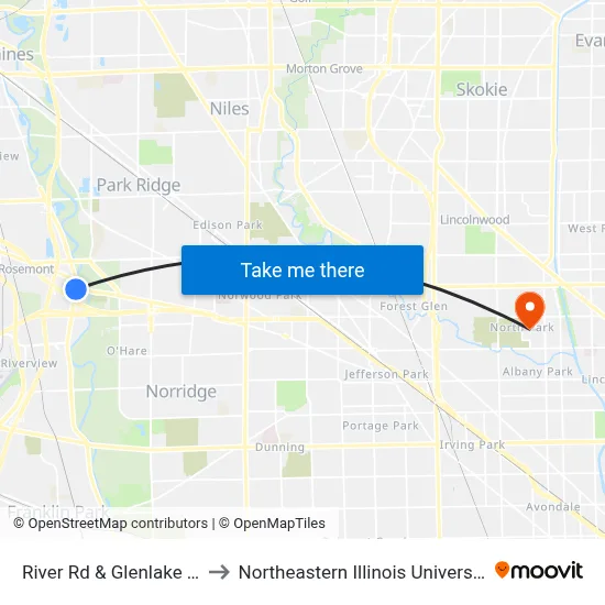 River Rd & Glenlake St to Northeastern Illinois University map