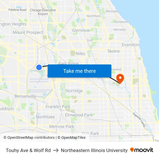Touhy Ave & Wolf Rd to Northeastern Illinois University map