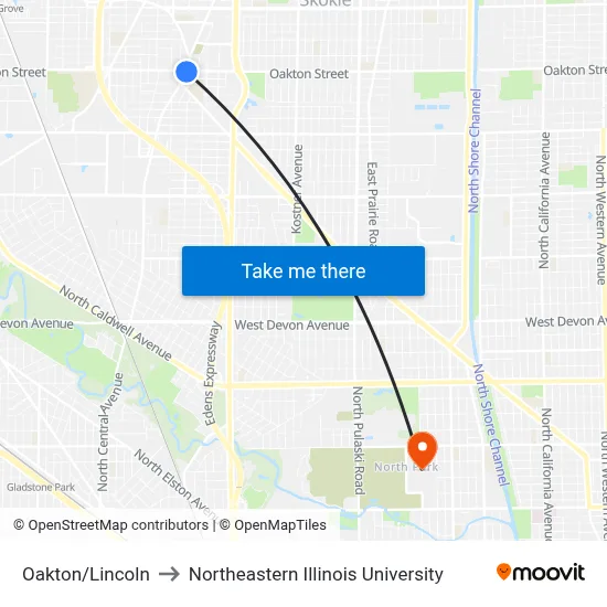 Oakton/Lincoln to Northeastern Illinois University map