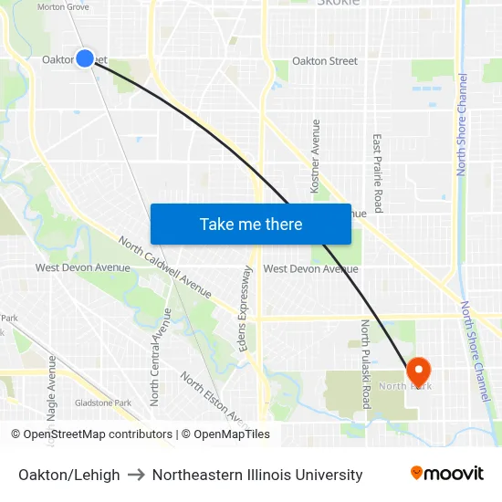 Oakton/Lehigh to Northeastern Illinois University map