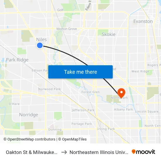 Oakton St & Milwaukee Ave to Northeastern Illinois University map