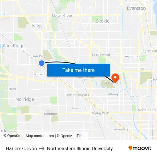 Harlem/Devon to Northeastern Illinois University map