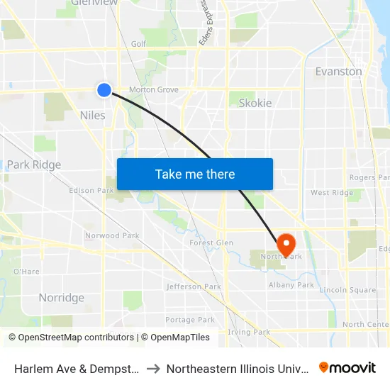 Harlem Ave & Dempster St to Northeastern Illinois University map