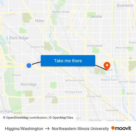Higgins/Washington to Northeastern Illinois University map