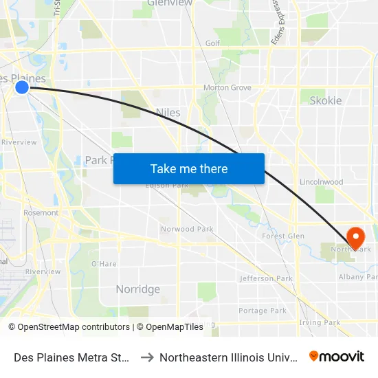 Des Plaines Metra Station to Northeastern Illinois University map