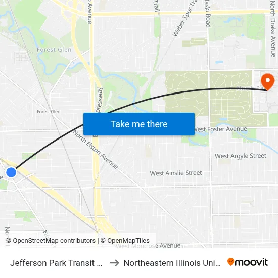 Jefferson Park Transit Center to Northeastern Illinois University map
