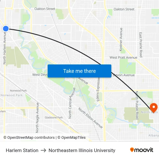 Harlem Station to Northeastern Illinois University map