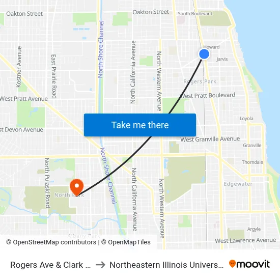 Rogers Ave & Clark St to Northeastern Illinois University map