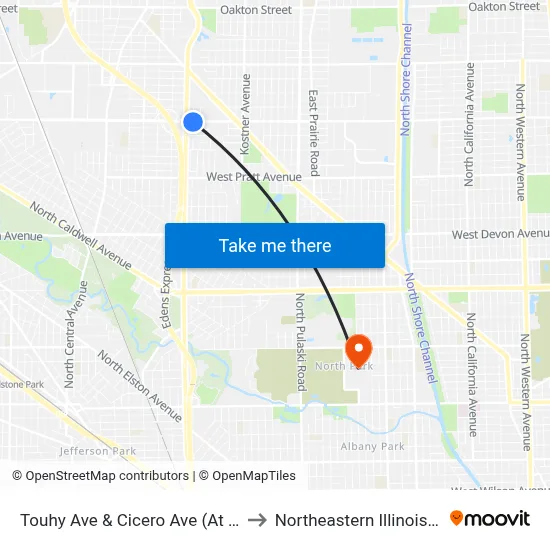 Touhy Ave & Cicero Ave (At Keating Ave) to Northeastern Illinois University map