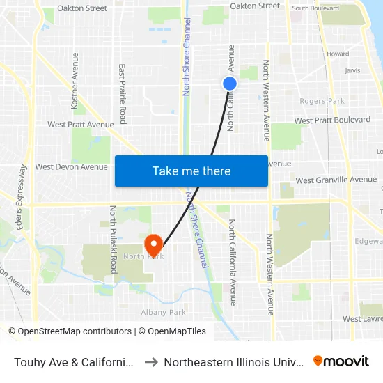 Touhy Ave & California Ave to Northeastern Illinois University map