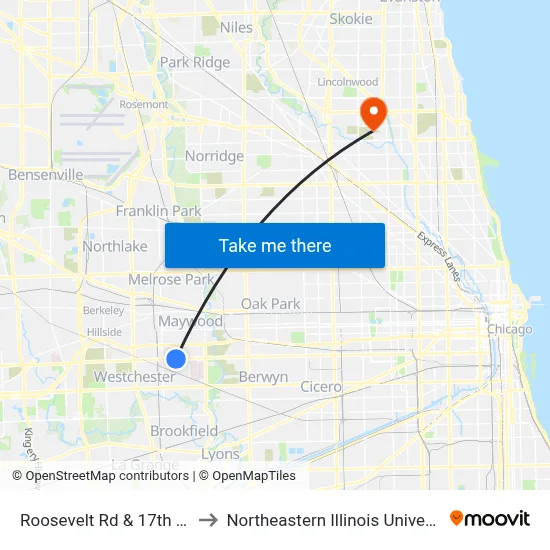 Roosevelt Rd & 17th Ave to Northeastern Illinois University map