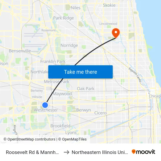 Roosevelt Rd & Mannheim Rd to Northeastern Illinois University map