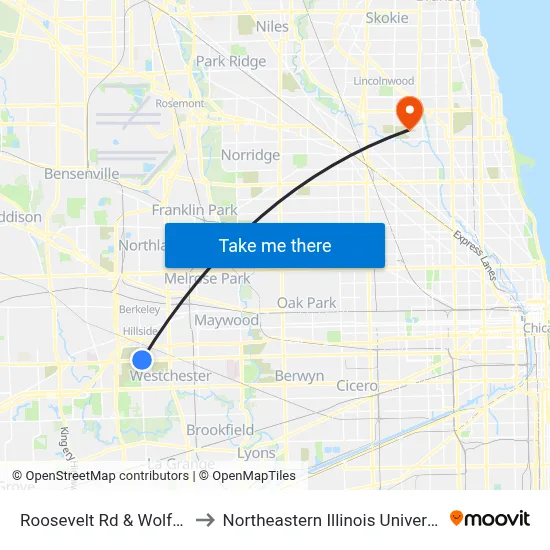 Roosevelt Rd & Wolf Rd to Northeastern Illinois University map
