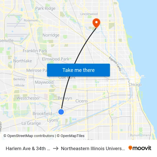 Harlem Ave & 34th St to Northeastern Illinois University map