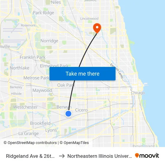 Ridgeland Ave & 26th St to Northeastern Illinois University map