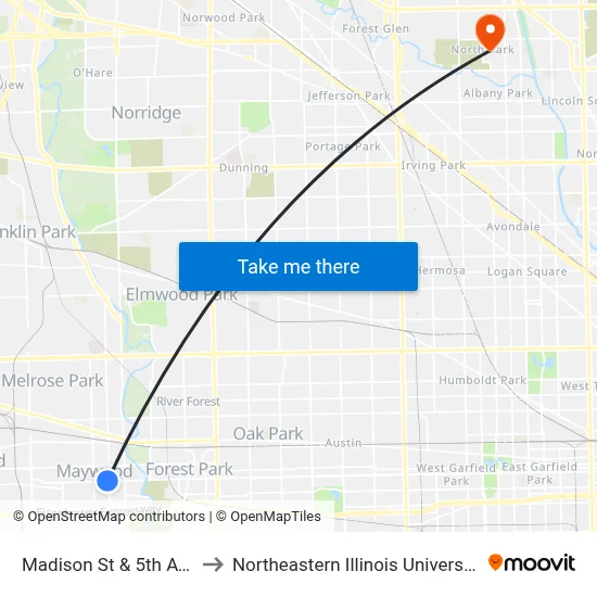 Madison St & 5th Ave to Northeastern Illinois University map