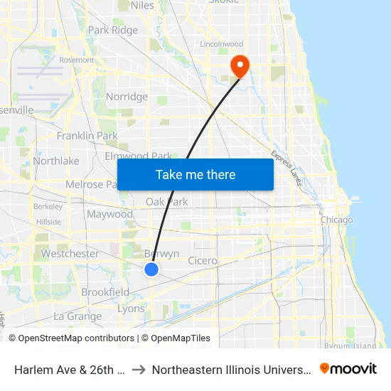 Harlem Ave & 26th St to Northeastern Illinois University map