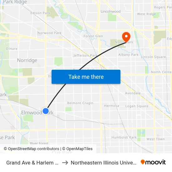 Grand Ave & Harlem Ave to Northeastern Illinois University map
