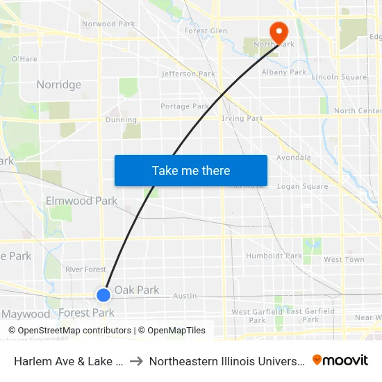 Harlem Ave & Lake St to Northeastern Illinois University map