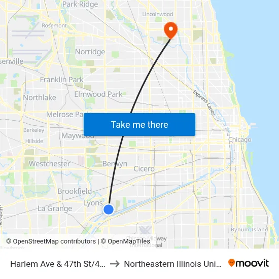 Harlem Ave & 47th St/46th St to Northeastern Illinois University map